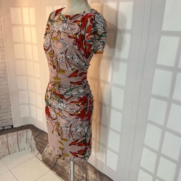 Kay Unger Dusty Pink Floral Short Sleeve Ruched Bodycon Dress Medium - Picture 3 of 11